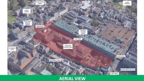 Exeter City Council An aerial view of Exeter city centre showing the development site marked in red and other local landmarks 