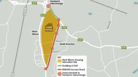 KLWNBC A map showing where the West Winch access road could be built between the A10 and the A47