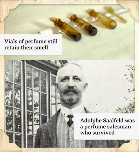 Bottles of perfume recovered from the wreck and a black-and-white figure of Adolph Saalfield wearing a moustache, beard and shirt, waistcoat, tie and jacket (photo Astra Burka archives)