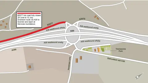 National Highways B3277 diversion map