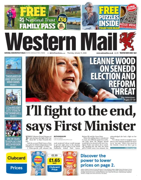 Western Mail Front page of the Western Mail with the main headline: 'I'll fight to the end, says First Minister' above is an image of Leanne Woodm, with a headline that reads 'Leanne Wood on Senedd election and Reform threat'