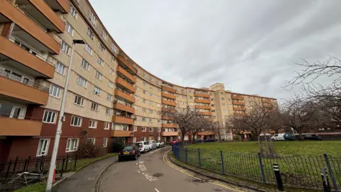 Westfield Court on an overcast day. The building is light and has orange balconies and brickwork. The sky above is grey and cloudy. A patch of green grass surrounded by fencing is in the foreground.
