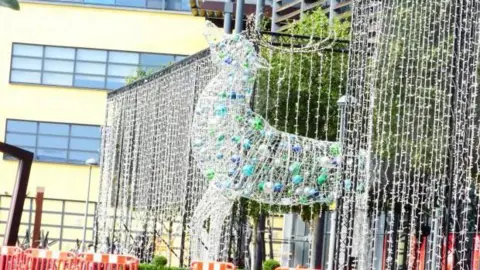 Stephen Danzig A large reindeer Christmas decoration covered in lights and baulballs is outside a pale yellow building at West Herts College. There is a curtain of Christmas lights either side