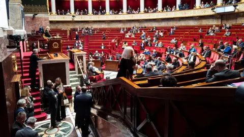 AFP via Getty Images Members of parliament stand and sit on red chairs in the French national assembly in Paris on 28 January.