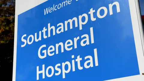 The general exterior view of Southampton General Hospital sign.