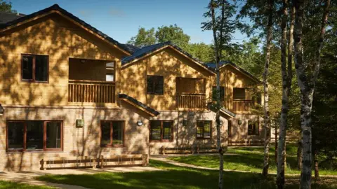 Center Parcs A row of forest lodges in light brick are dappled by sunlight shining through trees