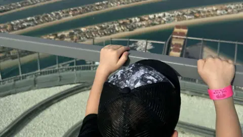 From behind, you see a young boy with a black baseball cap has his hands on a silver railing looking out from a height onto strips of land within water, heavily populated with buildings. He has a pink tourist wristband on his right arm.