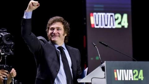 Javier Milei, President of Argentina speaks the 'Europa Viva 24'  and shakes his fist at the crowd