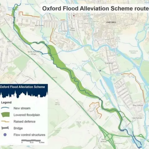 EA A map of where the Oxford Flood Alleviation Scheme is designed to work, showing the natural floodplain to the west of Oxford