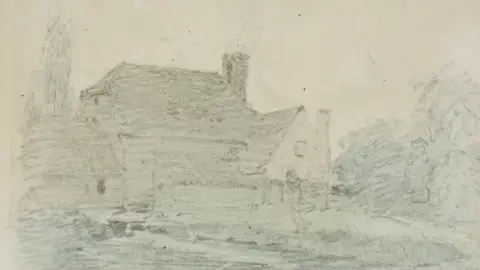 John Constable, Feering Bury Mill (pencil and wash on paper), 1816. Collection of the Victor Batte-Lay Foundation at the Minories Gallery. A hazy sketch on paper of a building, with a stream in front of it and trees to its side. 