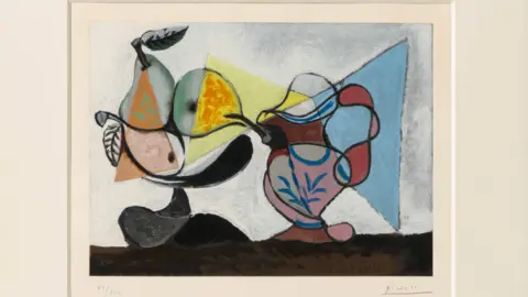 Castle Fine Art An abstract-style painting of pears in a bowl - the piece combines black and white drawings with bright coloured triangles of colour. 