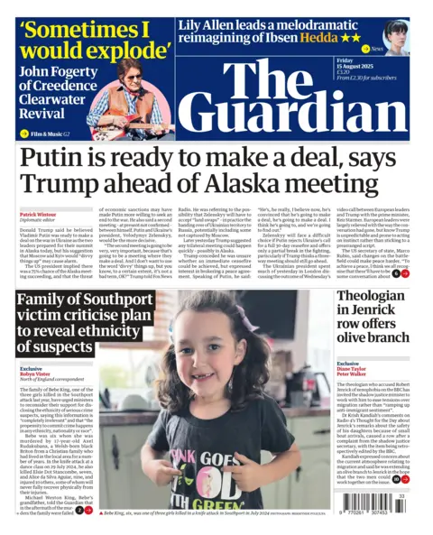 Headlines on the page in front of daily messages: "Putin ready to make affairs, Said Trump Seakeys Alaska meeting", 