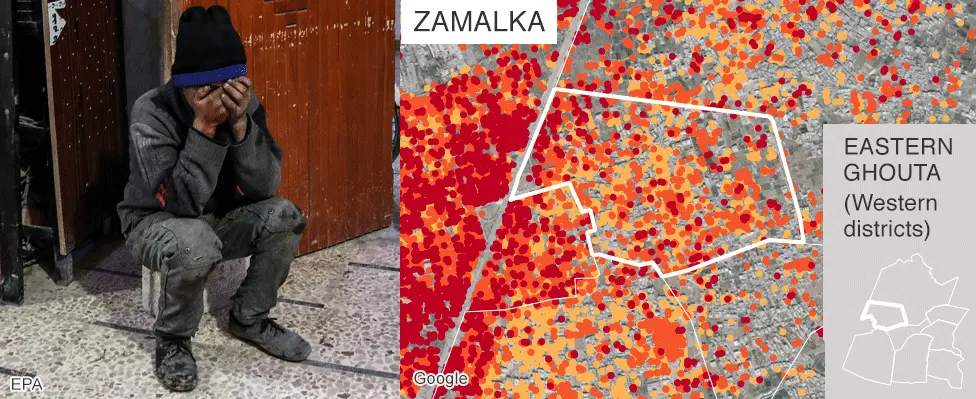 BBC Map showing damage in Zamalka, Eastern Ghouta