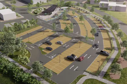 Borough Council of King's Lynn and West Norfolk An artist's impression of the Nar Ouse Way travel hub, looking from above, showing cars in a car park.