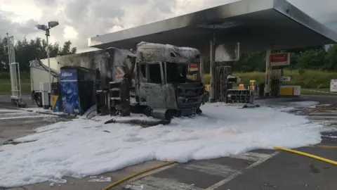 Shropshire Fire and Rescue Service LGV on fire at Nesscliffe Service Station