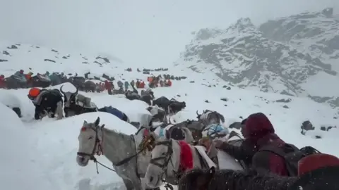 Rescuers gather with horses and yaks against a snowy landcape