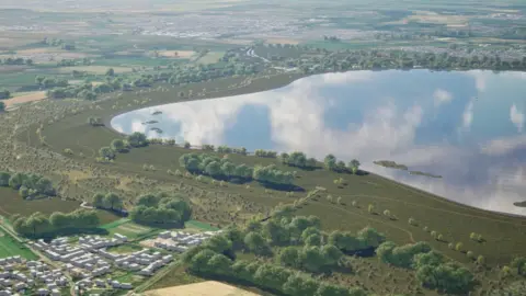 A CGI image of what the reservoir would look like, a large reservoir along countryside.