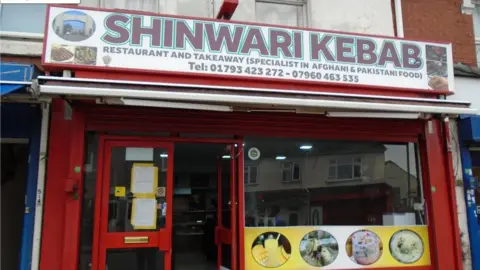 Swindon Borough Council The front of a kebab shop with a sign reading, in capital letters, "Shinwari Kebab". Pictures of drinks are shown in the window.