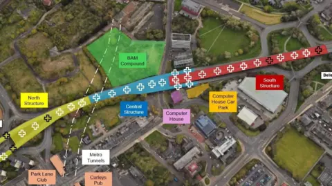 Gateshead Council Overhead satellite map of Gateshead flyover which is colour coded into three main sections: left hand yellow section, middle blue section and right hand red section. There are dotted lines showing the Metro tunnels underneath the blue section.