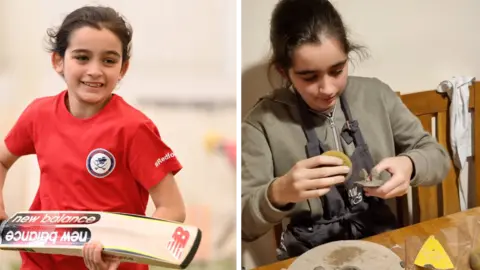 Family handout A composite image showing Tara on the left running with a cricket bat, then on the right sitting down at a table, making clay crafts. She has dark hair tied back in both photos.