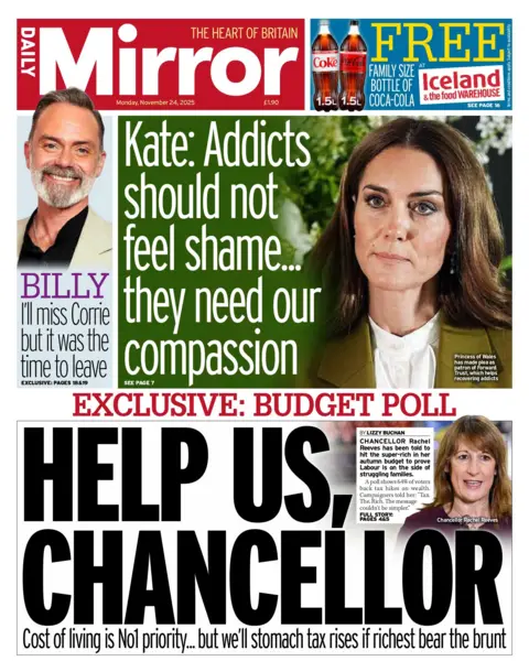  Cost of living is No1 priority... but we'll stomach tax rises if richest bear the brunt", says the headline on the front page of the Daily Mirror.