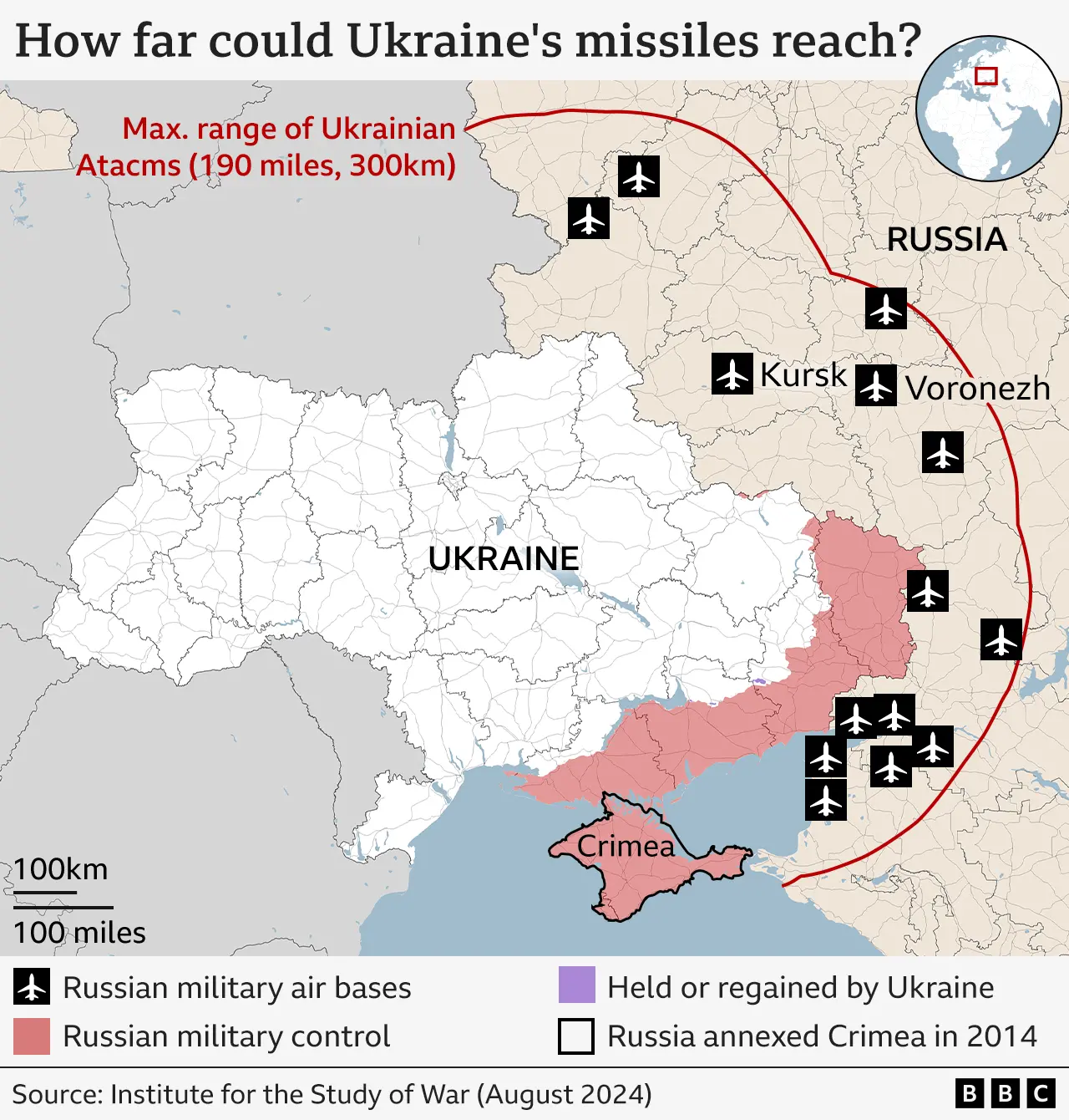 A map showing the maximum range of the ATACMS missile system into Russian territory from the Ukraine border and marking 14 Russian military airbases within that range.