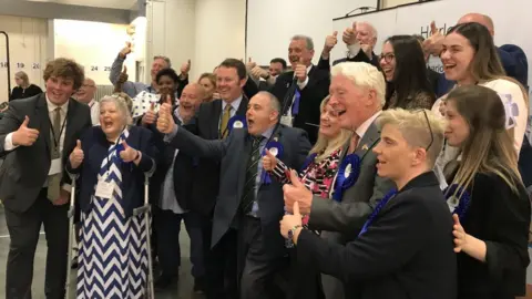 Andrew Sinclair/BBC Conservatives celebrating in Harlow