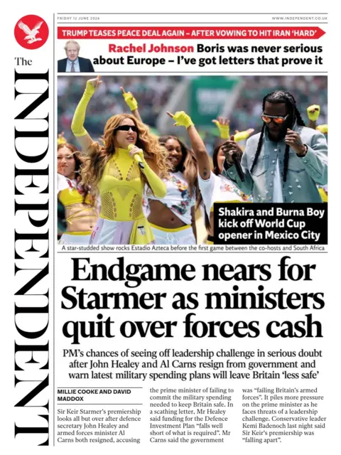 The headline on the front page of the Independent reads: "Endgame nears for Starmer as ministers quit over forces cash."