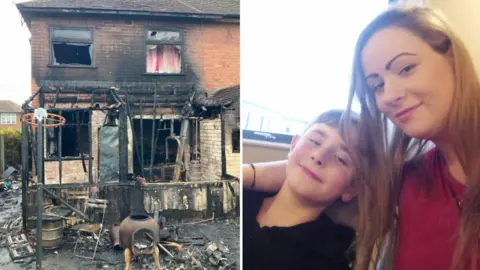 Derbyshire Fire & Rescue/Hannah Foster Composite image showing a badly fire damaged brick semi detached house and also a woman and boy sitting on a sofa. The woman has her arm on the shoulder of the boy and they are both smiling.
