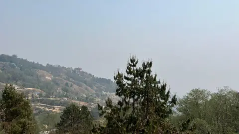 View of a hill in the foreground with nothing visible behind, due to haze