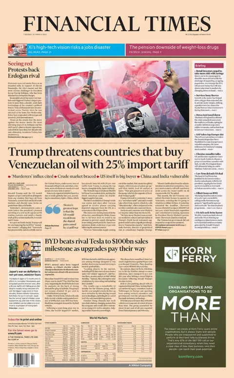 The Financial Times front page with headline "Trump threatens countries that buy Venezuelan Oil with 25% tariff".