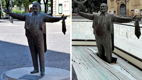 Alamy/Luca Toni/Il Resto del Carlino A composite image of opera star Luciano Pavarotti's statue seen earlier in the year in the town of Pesaro, and in November, surrounded by an ice rink.