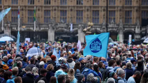 EPA-EFE/REX/Shutterstock A crowd of protesters outside the Houses of Parliament. A blue flag is held up, with the words March for Clean Water written on it.