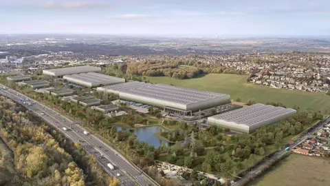 BBC An artist's impression showing the planned expansion of Junction 32 off the M62