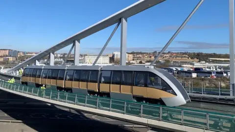 Luton Rising Luton DART on bridge over dual carriageway