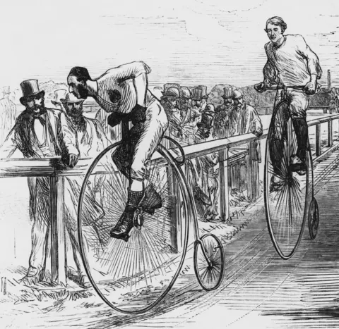 Getty Images An engraving showing a Penny Farthing bicycle race in London, circa 1860