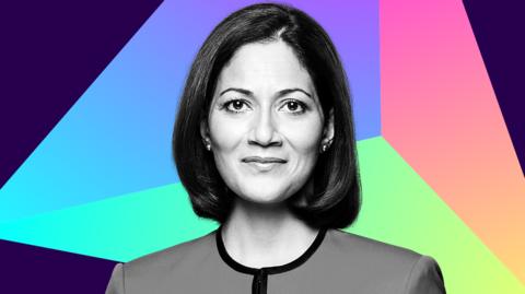 Photograph of Mishal Husain with Election 2024 colours in the background
