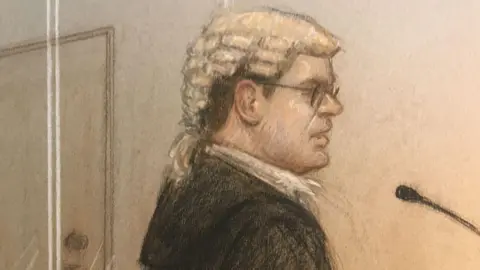  Julia Quenzler for BBC Courtroom sketch of Tom Little KC speaking into the microphone