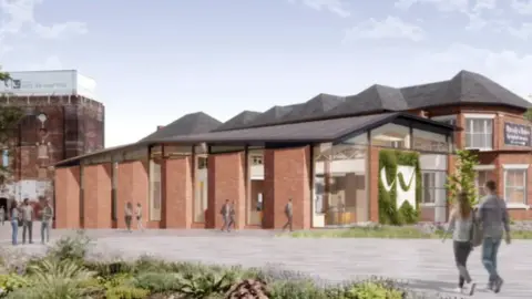 City of Wolverhampton Council New brick and glass buildings can be seen with people walking past them in this artist impression of the campus site. A large building can be seen on the left in the distance.
