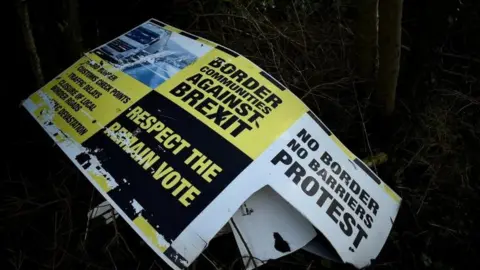 Reuters Discarded Brexit signage is seen between Donegal in the Republic of Ireland and Londonderry in Northern Ireland