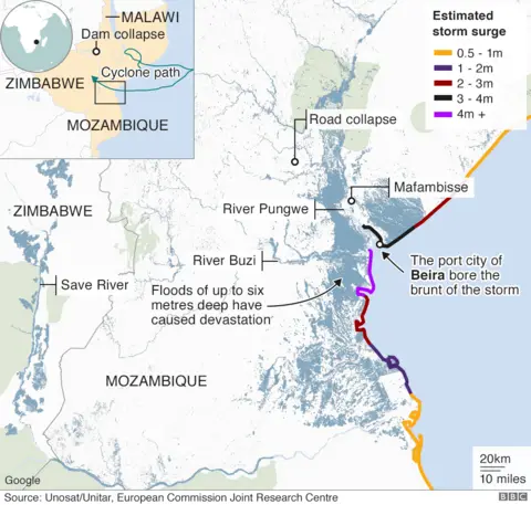 BBC Map showing areas affected by flooding caused by Cyclone Idai