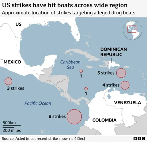 Suggested alt text:
Map showing the approximate locations of US strikes on alleged drug boats across the Caribbean Sea and Pacific Ocean. Red circles mark strike clusters: three strikes off Mexico in the Pacific, eight strikes off the west coast of Colombia, two strikes near Central America in the Caribbean Sea, four strikes off the north coast of Venezuela and five strikes in the central Caribbean south of the Dominican Republic and Puerto Rico. Source: Acled (most recent strike shown is 4 Dec)