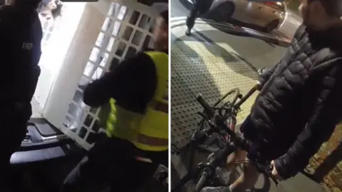 Two images side by side from a bodyworn camera - one shows a police officer at the back of a lit van with a person inside the van. The other shows a man in a black puffer coat holding a bike and looking at a car in the road.