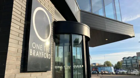 The entrance to One the Brayford in the sunshine 