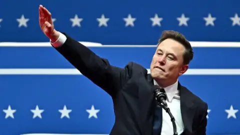 Elon Musk stands at a podium. His right arm is stretched out from his body and angled upwards at a 45 degree angle. His palm is open and flat, facing downwards.