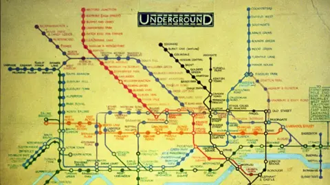 PA Media 1931 presentation drawing for diagrammatic Underground map, featuring Tube stations and lines, by Harry Beck