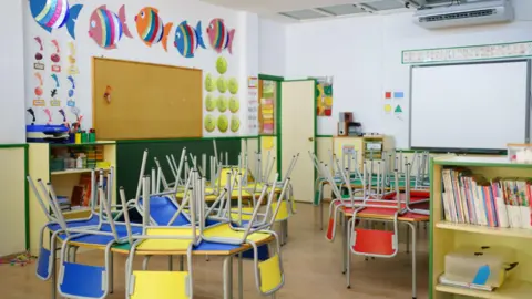 Wide view of a children's classroom at the school. Red, yellow and blue chairs arranged on the tables, white board and other school equipment.
