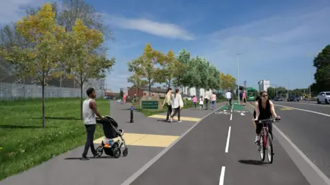 Leeds City Council Artist's impression of finished scheme depicting pedestrians on a pavement next to a two-way cycle lane on which a woman is cycling