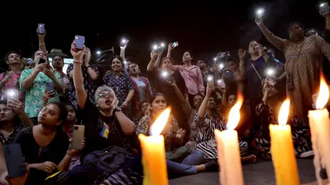 EPA People shout slogans during the 'Reclaim the Night' march against the rape and murder of a post graduate medical student in Kolkata, India, 09 September 2024.