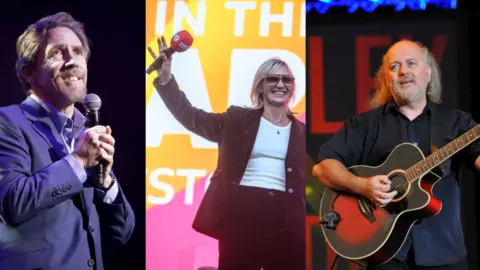 Three separate images of Rob Brydon holding a microphone, Jo Whiley holding a microphone in the air on stage at a festival and Bill Bailey on stage with an acoustic guitar